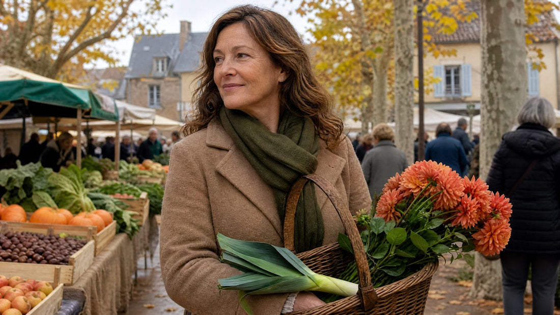 Femme de 52 ans au marché un matin d'octobre, base de teint après 50 ans pour une journée dehors
