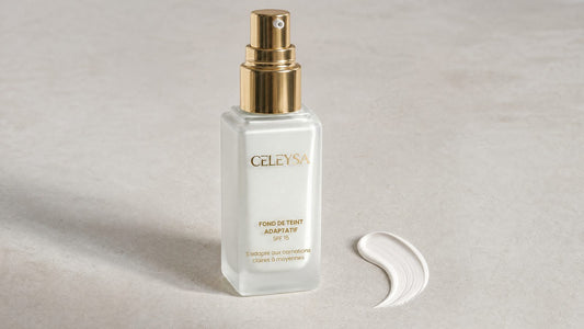 Flacon du fond de teint adaptatif Celeysa à pompe dorée à côté d'un trait de produit blanc, celeysa avis