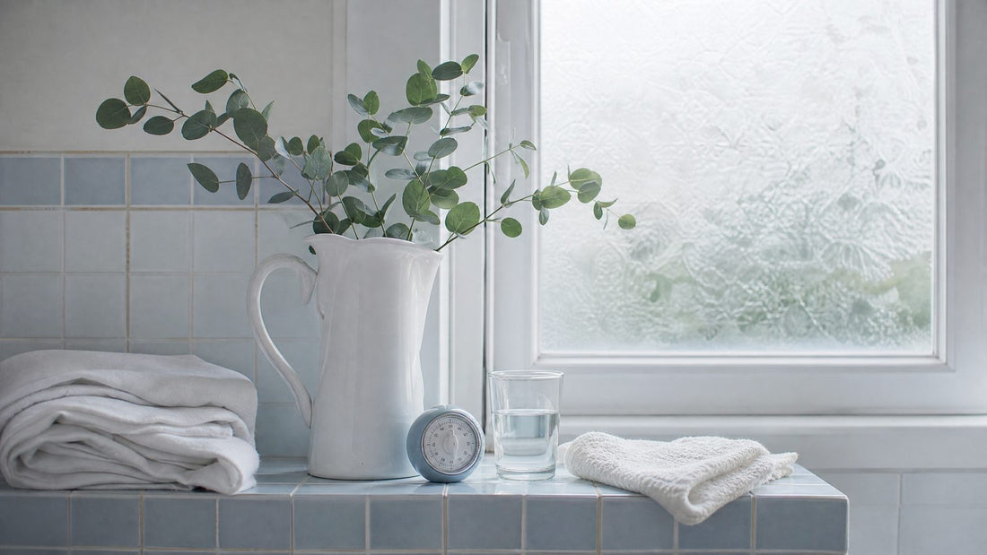 Étagère de salle de bain claire avec serviette, minuteur et linge, pour une crème dépilatoire visage