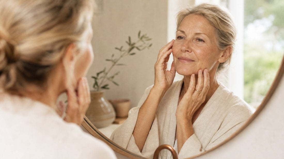 Femme de 58 ans touchant sa joue devant un miroir pour observer le duvet visage femme