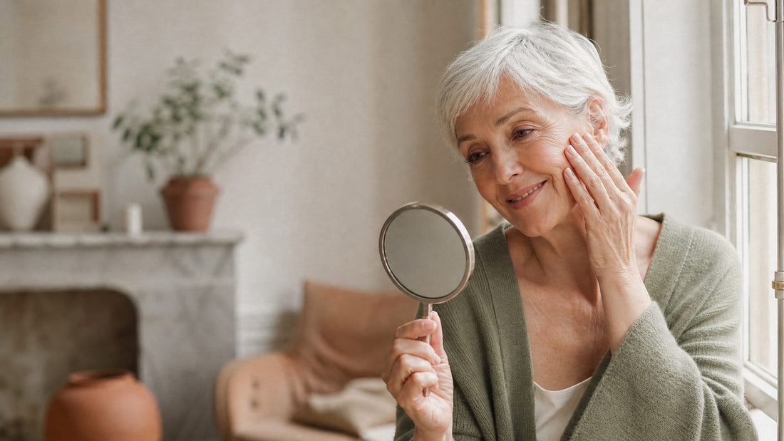 Femme de 63 ans aux cheveux blancs vérifiant son teint : quel fond de teint après 60 ans