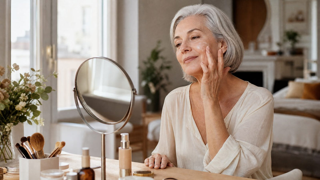 Femme de 60 ans appliquant du bout des doigts un fond de teint qui change de couleur