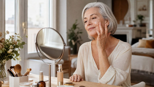 Femme de 60 ans appliquant du bout des doigts un fond de teint qui change de couleur