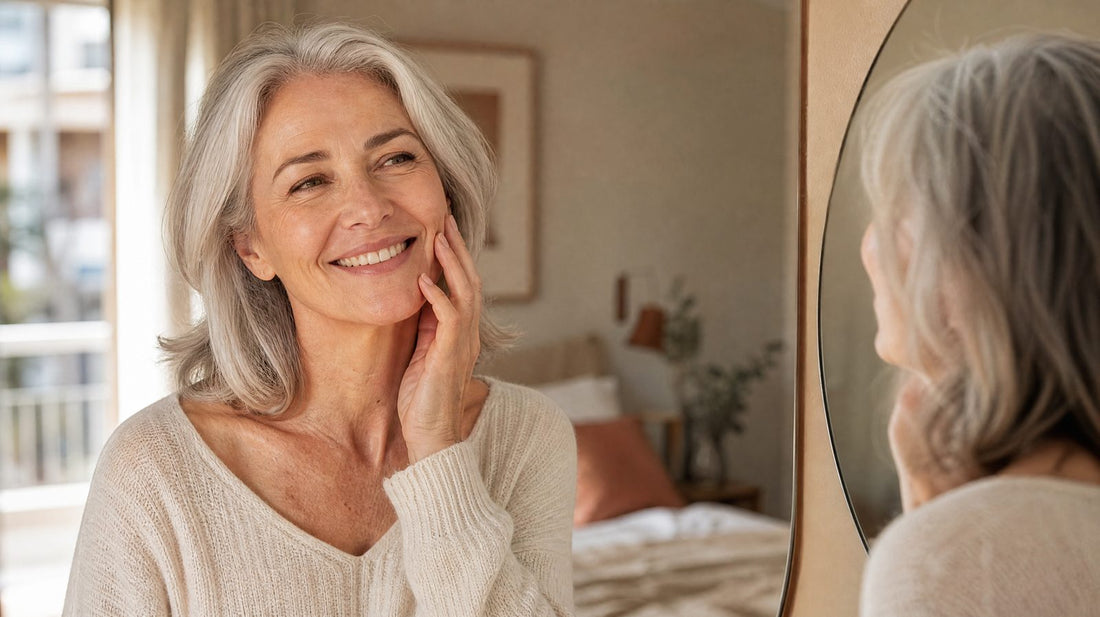Femme de 62 ans souriante, fond de teint qui ne marque pas les rides