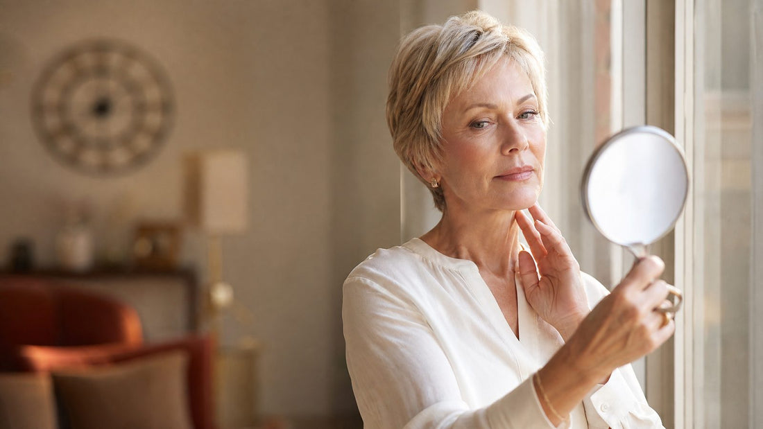 Femme de 60 ans vérifiant son teint au miroir, fond de teint qui vire au orange