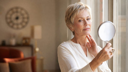 Femme de 60 ans vérifiant son teint au miroir, fond de teint qui vire au orange