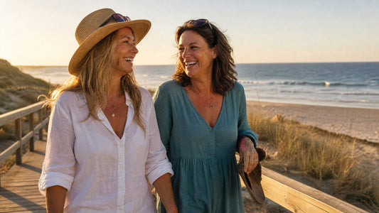 Deux amies de 52 et 55 ans en bord de mer, chapeau de paille, teint unifié malgré les taches brunes