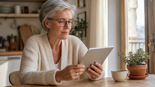 Femme de 62 ans lisant des avis sur Mademoiselle Éclat sur sa tablette