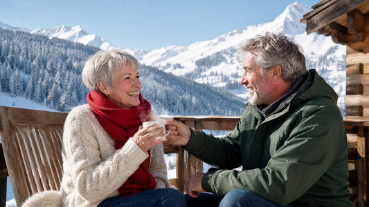 Femme de 62 ans aux joues rougies par le froid, maquillage couperose naturel, en montagne avec son mari