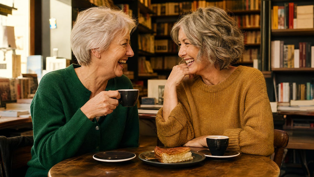 Deux amies de plus de 60 ans riant dans un café-librairie, bonne mine naturelle