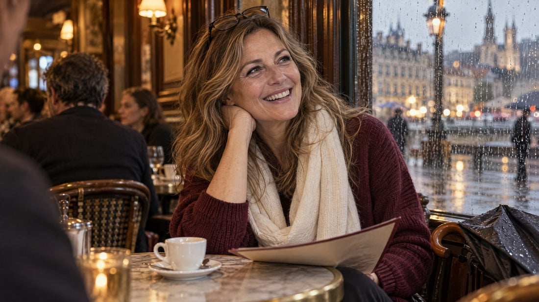 Femme de 53 ans au bistro un après-midi de pluie, mascara cils clairsemés après 50 ans