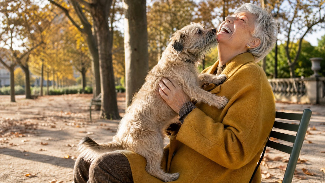 Femme de 61 ans riant dans un parc avec son chien, poils menton ménopause assumés