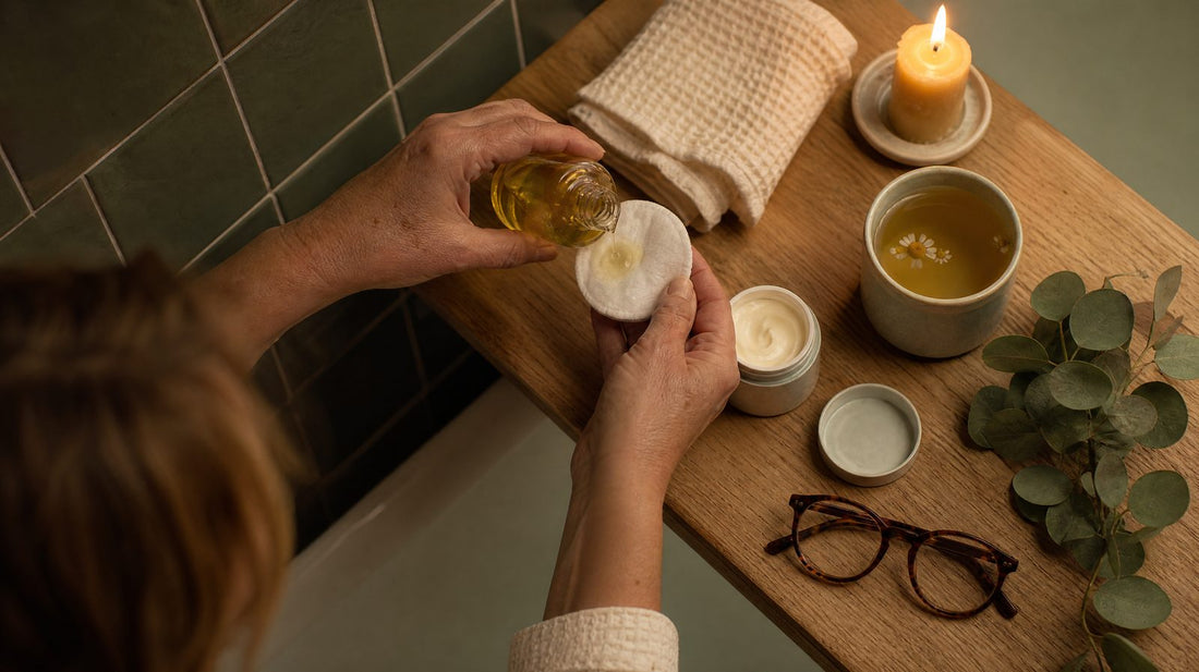 Routine beauté du soir après 50 ans : huile démaquillante, cotons et crème de nuit sur un plateau