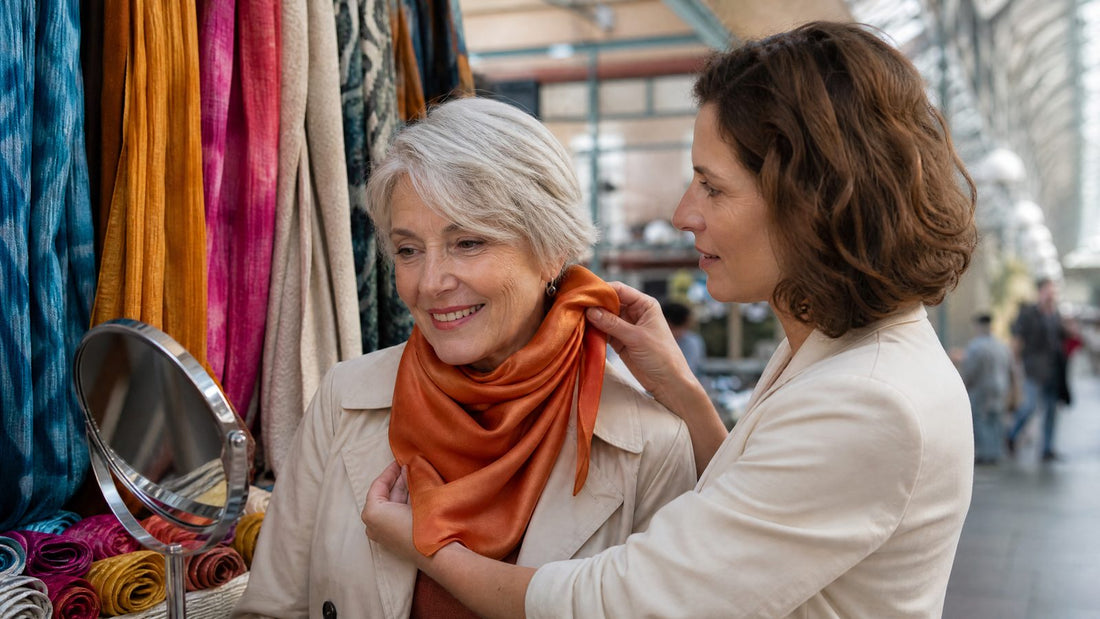Mère et fille essayant un foulard terracotta sur un marché couvert pour choisir la bonne couleur près du visage
